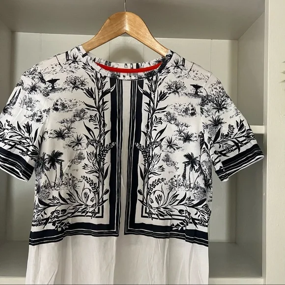 Tory Burch White & Navy Pima Cotton Short Sleeve Scoop Neck Plant Print Top - Picture 3 of 7